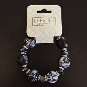 D'Bello Beaded Stretch Bracelet  Womens Big Black Gray Beads Jewelry Costume NEW